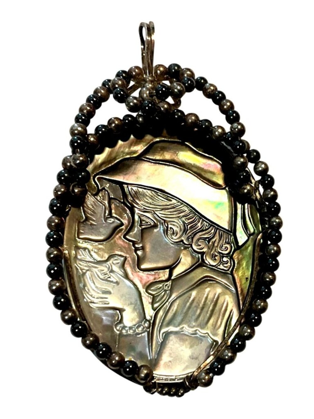 Vintage Abalone Cameo Pendant Hand Carved With Beaded Border 2" H